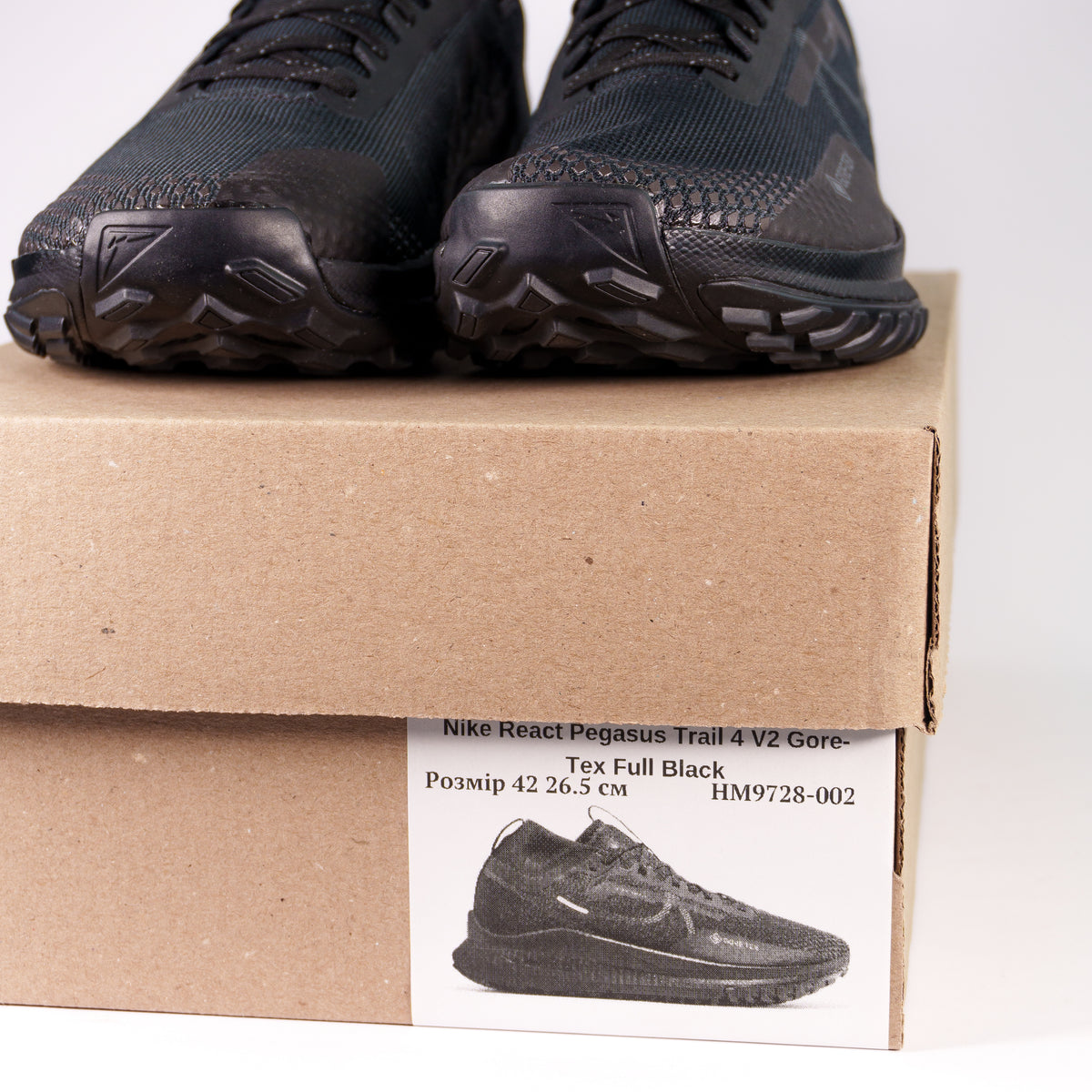 Nike Pegasus Trail 4 Gore-Tex Full Black на коробці з етикеткою артикулу HM9728-002