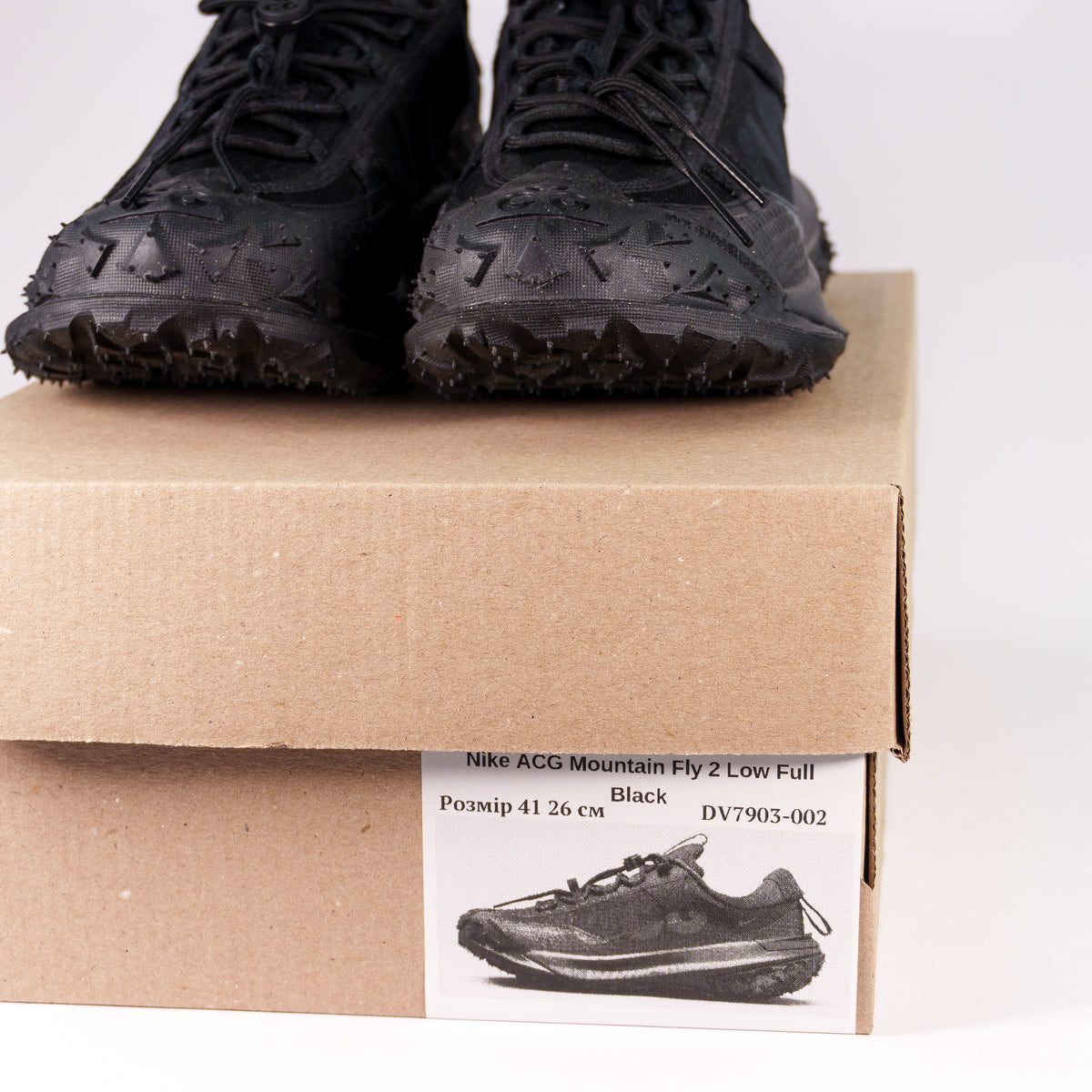 Nike ACG Mountain Fly 2 Low Full Black на коробці з етикеткою DV7903-002