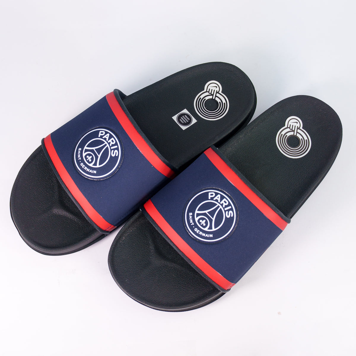 Nike Paris Saint-Germain Offcourt Slide Blue — пара згори, дві емблеми PSG на ремінцях