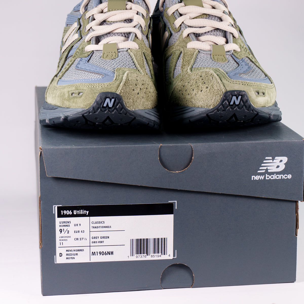 New Balance 1906 Utility на сірій коробці NB з етикеткою M1906NH grey green